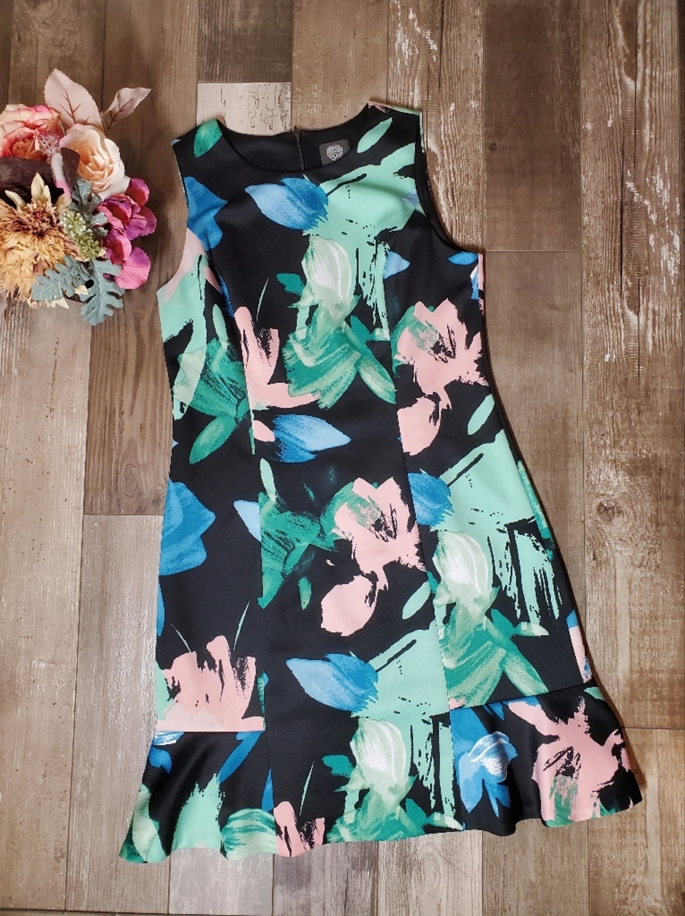 Vince Camuto Floral Scuba Ruffle Sleeveless Sheath Mini Dress Women's Size 10 - Picture 12 of 16